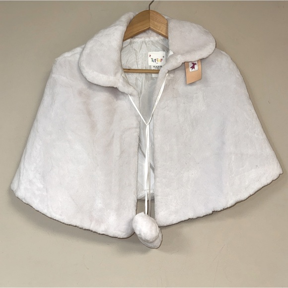 NWT White Cape Shrug Girl’s Large Communion Faux Fur Wedding Church Jacket Pom